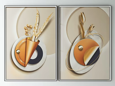 Two Abstract Wall Paintings With Golden Floral Elements And Geometric Shapes 3d model
