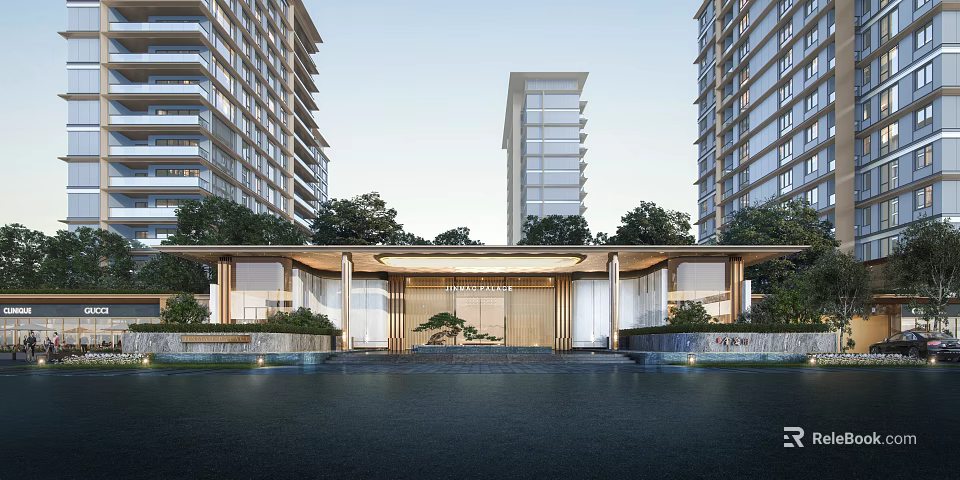 Modern Residential Building With Greenery Surrounding And Water Feature At Entrance 3d model 