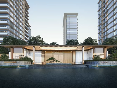 Modern Residential Building With Greenery Surrounding And Water Feature At Entrance 3d model