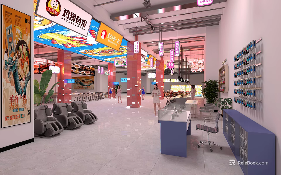 Shopping Mall Store Interior with Colorful Signs Hanging Lights Seating Area and Display Counters 3d model 