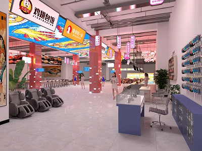 Shopping Mall Store Interior with Colorful Signs Hanging Lights Seating Area and Display Counters 3d model