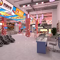 Shopping Mall Store Interior with Colorful Signs Hanging Lights Seating Area and Display Counters