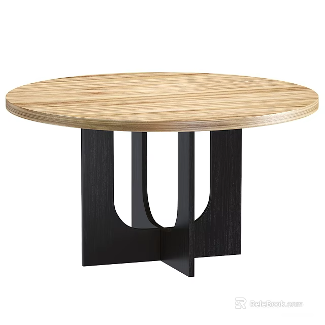 Modern Round Light Wood Dining Table Set With Black Geometric Legs And Contemporary Design 3d model 