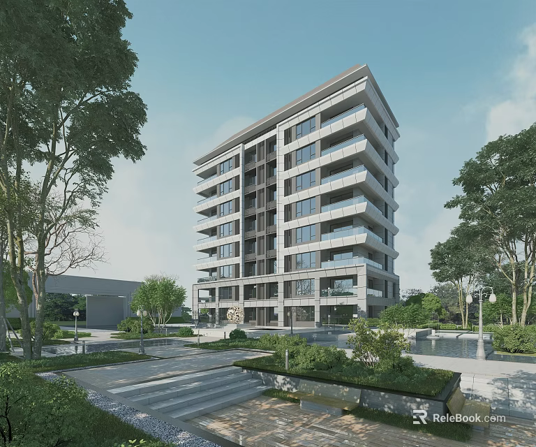 Modern Residential Building With Lush Green Landscaping And Trees Contemporary Glass Facade And Balconies 3d model 
