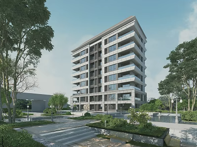 Modern Residential Building With Lush Green Landscaping And Trees Contemporary Glass Facade And Balconies 3d model