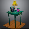 Decorative Green Table With Yellow Lamp Photo Frames On Orange Rug