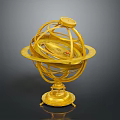Golden Armillary Sphere Decorative Astronomical Instrument With Intricate Metal Rings And Ornate Base Stand