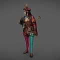 A Woman in Fantasy Style Colorful Outfit with Feathered Hat Backpack and Tight Pants