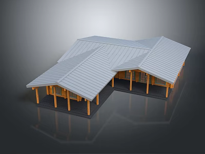 Modern Architectural Structure Featuring Geometric Sloped Metal Roofs And Wooden Columns Design 3d model