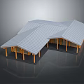 Modern Architectural Structure Featuring Geometric Sloped Metal Roofs And Wooden Columns Design