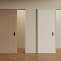 Light Wood And White Sliding Doors In Room With Light Wall And Herringbone Floor