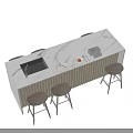 Modern Bar Counter With Marble Top Vertical Striped Panel And Three Stools