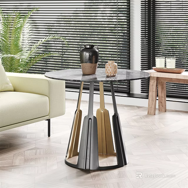 Modern Round Side Table With Marble Top Black And Gold Metal Legs In Living Room 3d model 