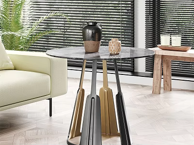 Modern Round Side Table With Marble Top Black And Gold Metal Legs In Living Room 3d model