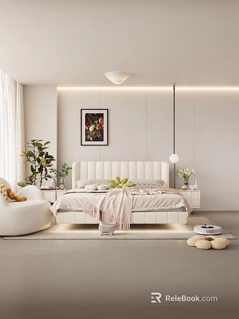 Modern Bedroom Interior Design With White Tufted Bed Pink Blanket Decorative Painting And Plants 3d model 