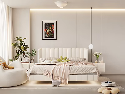 Modern Bedroom Interior Design With White Tufted Bed Pink Blanket Decorative Painting And Plants 3d model
