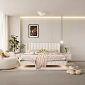 Modern Bedroom Interior Design With White Tufted Bed Pink Blanket Decorative Painting And Plants