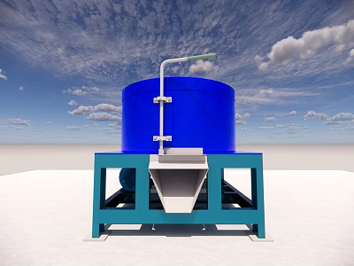 Large Blue Industrial Mixing Tank With Green Support Frame And Top Pipes Valves 3d model