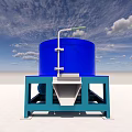 Large Blue Industrial Mixing Tank With Green Support Frame And Top Pipes Valves