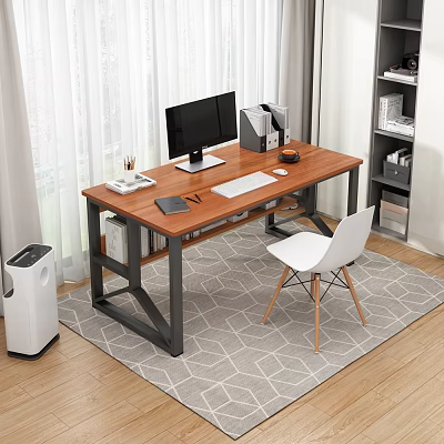 Modern Wooden Writing Desk with Metal Frame Computer Monitor Keyboard and White Chair 3d model