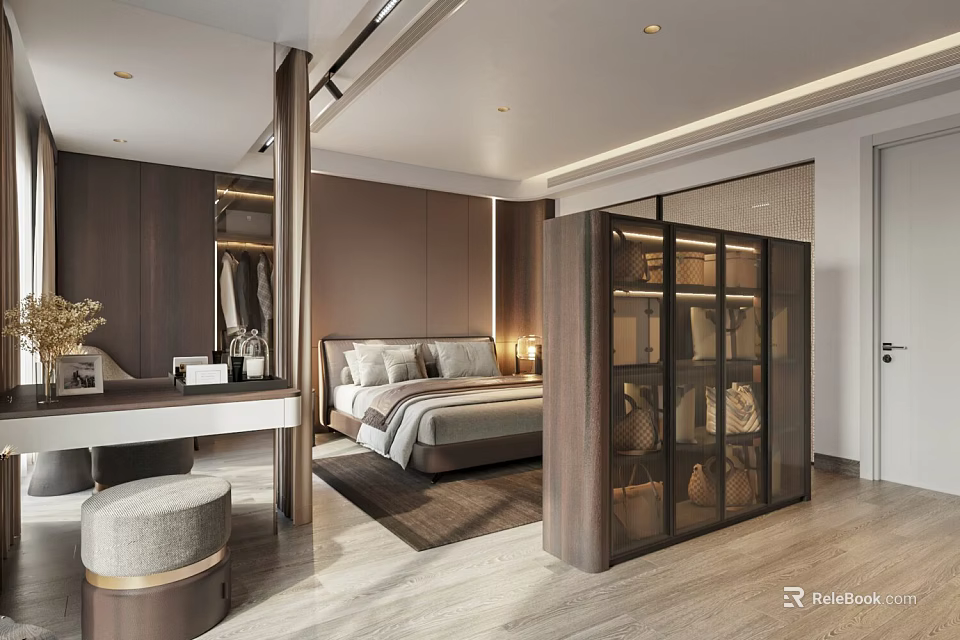 Modern Elegant Bedroom Interior With Comfortable Bed Nightstand Glass Wardrobe And Wooden Floor 3d model 