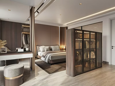 Modern Elegant Bedroom Interior With Comfortable Bed Nightstand Glass Wardrobe And Wooden Floor 3d model