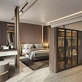 Modern Elegant Bedroom Interior With Comfortable Bed Nightstand Glass Wardrobe And Wooden Floor