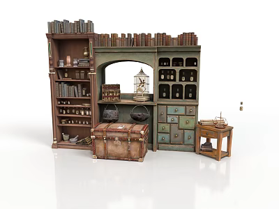 Vintage Room Interior Design With Bookshelves Cabinets Trunk Lantern And Ship Model 3d model