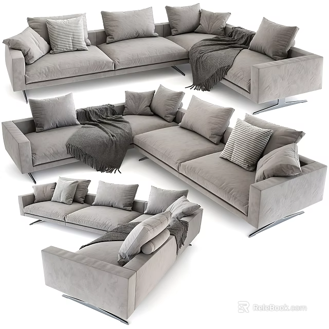 Modern Gray Sectional Sofa With Plush Pillows And Cozy Throw Blanket 3d model