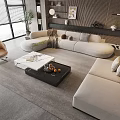 Modern Luxury Living Room Beige L Shaped Sofa With Black Coffee Table And Green Plants