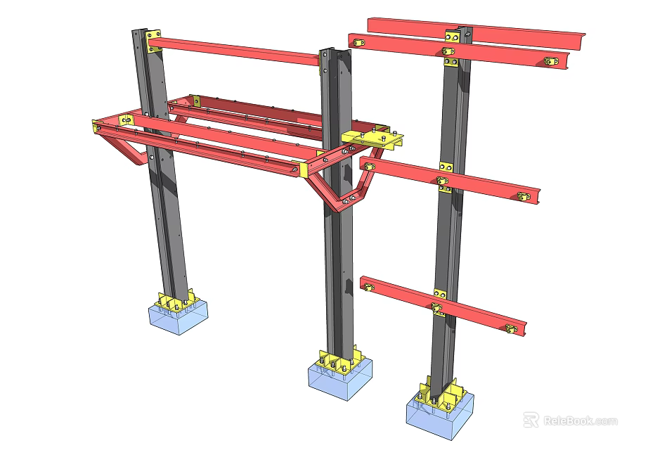 Industrial Mechanical Support Frame With Red Metal Structure Black Columns And Blue Bases 3d model 