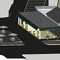 Modern Urban Commercial Street Landscape Design With Outdoor Umbrellas Pedestrians And Greenery