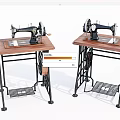 Vintage Industrial Sewing Machines On Wooden Workbenches With Metal Frames And Drawers