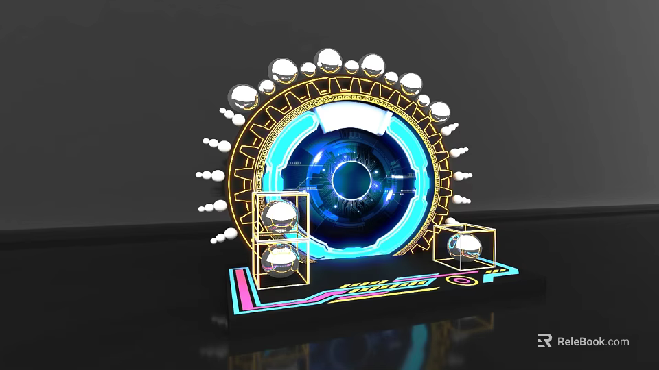 Futuristic Photo Spot With Blue Glowing Ring Gold Frame And White Spheres 3d model 