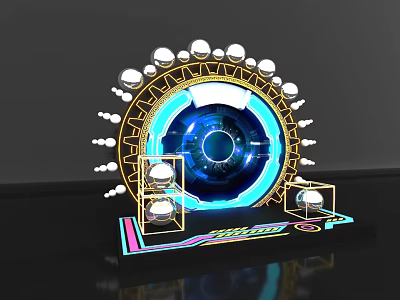 Futuristic Photo Spot With Blue Glowing Ring Gold Frame And White Spheres 3d model