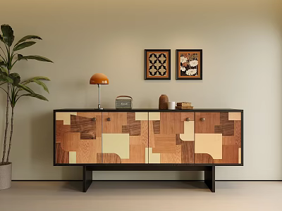 Modern Wooden Patchwork Console Cabinet With Orange Table Lamp Decorative Paintings And Green Plant 3d model