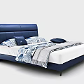 Elegant Modern Navy Blue Leather Double Bed With Patterned Pillows And Gray Blanket 3d model