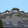 Chinese Traditional Stone Arch Bridge With Pavilions Over Water And Reflection In Blue Sky