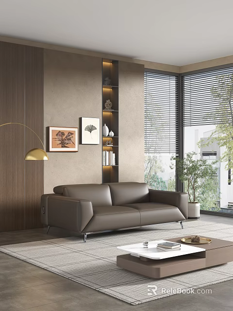 Modern Interior With Gray Leather Multi Seater Sofa Floor Lamp Wall Art And Large Window 3d model 