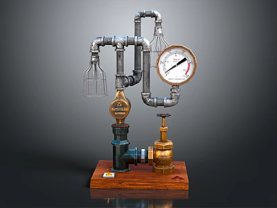 Industrial Decorative Furniture Piece With Metal Pipes Pressure Gauge Glass Lamps And Wooden Base 3d model
