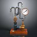 Industrial Decorative Furniture Piece With Metal Pipes Pressure Gauge Glass Lamps And Wooden Base