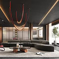 Modern Living Dining Room Interior Design With Red Chandeliers Black Sofa And Red Chair