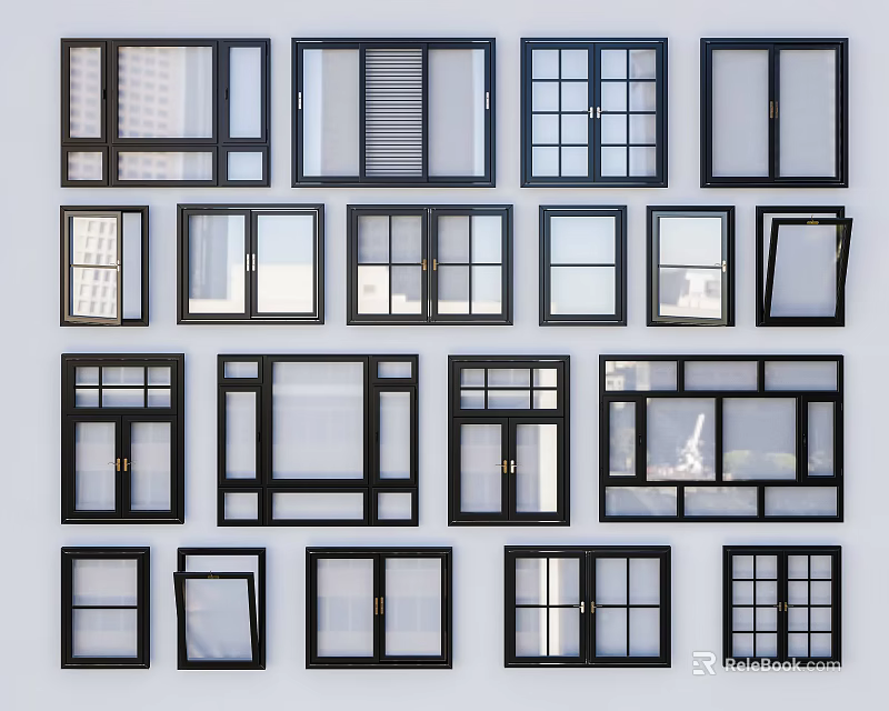 Various Modern Window Designs With Different Frame Styles And Glass Panels 3d model