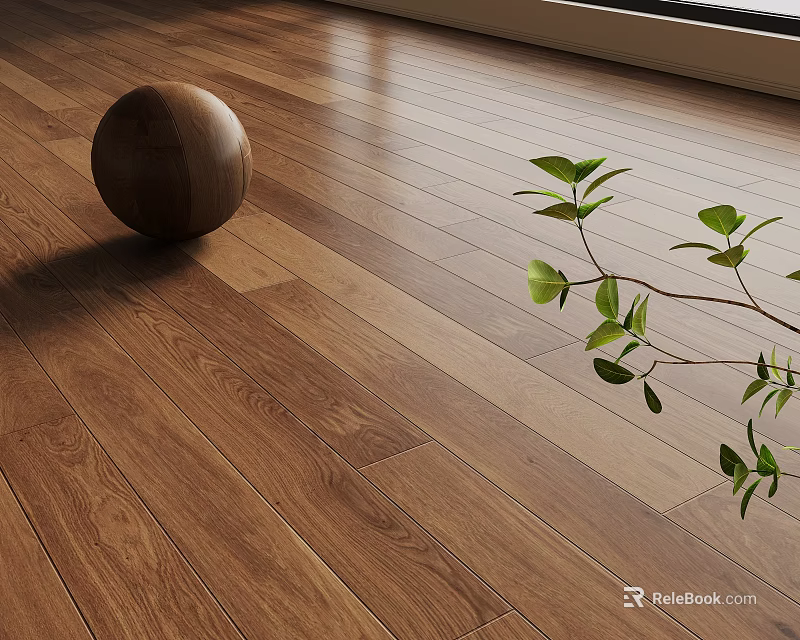 Natural Wooden Floor Interior With Round Wooden Ball And Green Plant 3d model 