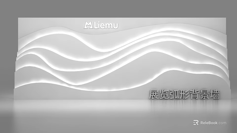 Exhibition Curved Background Wall With White Wavy Illuminated Lines Design 3d model 