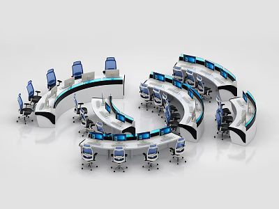 Modern Monitoring Room With Curved Consoles Screens And Chairs 3d model