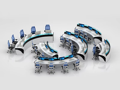 Modern Monitoring Room With Curved Consoles Screens And Chairs 3d model