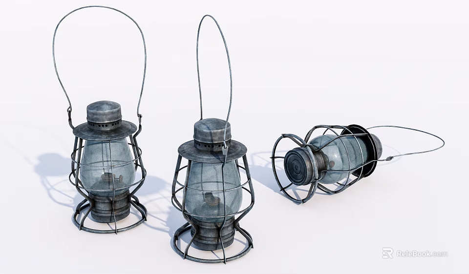Three Vintage Kerosene Lanterns Two Standing One Lying With Metal Frames Glass Shades 3d model 