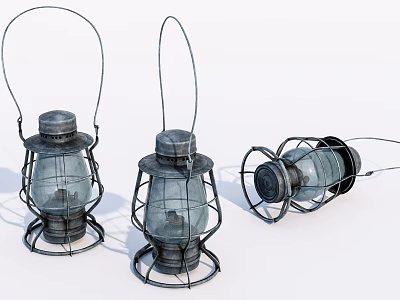 Three Vintage Kerosene Lanterns Two Standing One Lying With Metal Frames Glass Shades 3d model