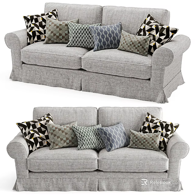Gray Fabric Two Seater Sofa With Patterned Pillows And Classic Upholstered Design 3d model